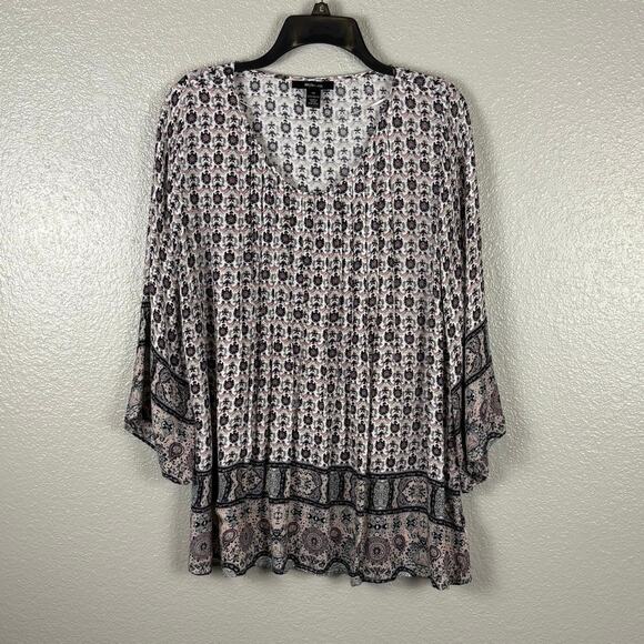 Style&Co Size Medium White Paisley Boho Bell Sleeve Round Neck Tunic Blouse Top - Picture 1 of 8